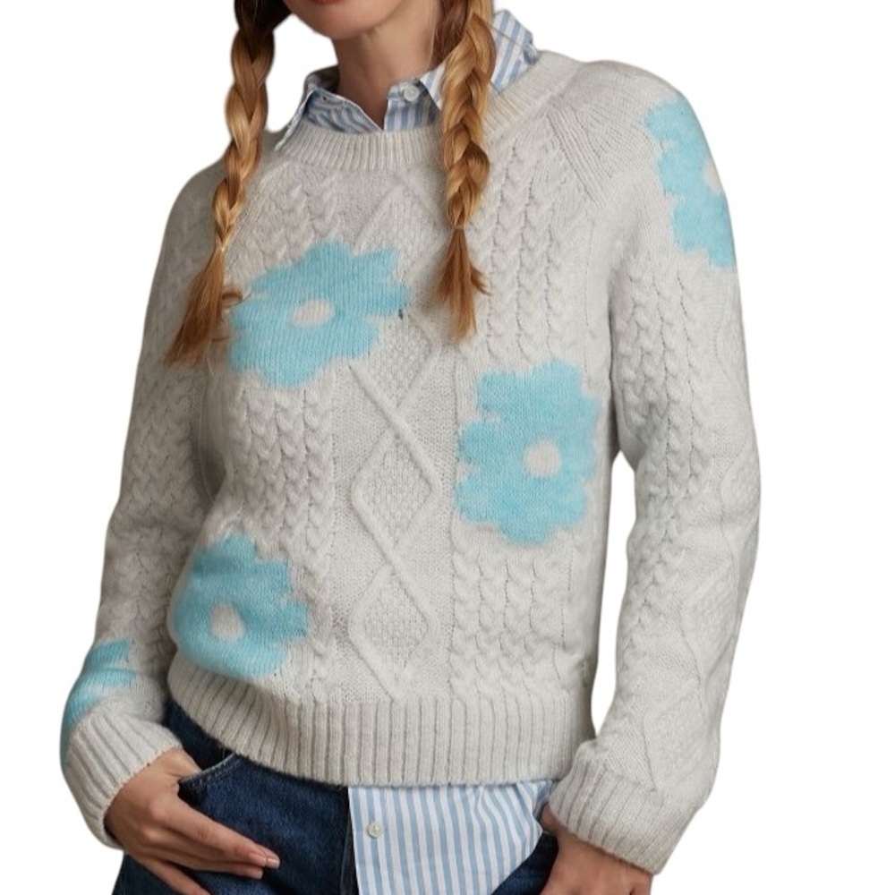 Maeve Cream Cable Knit Sweater with Light Blue Floral Motif